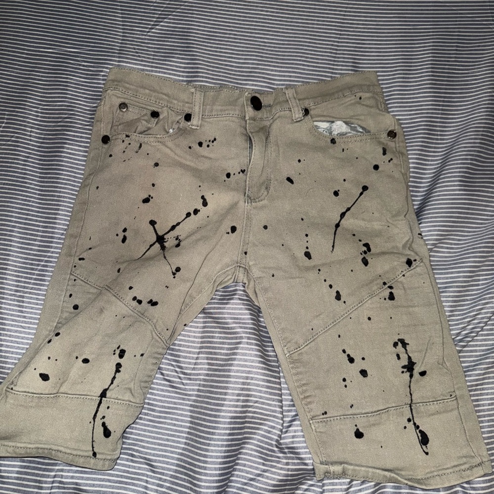 Tan and Black Jean Shorts with Paint Splatter Design